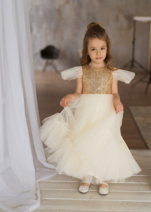 Ruffle Sleeves Gold Sequin Champagne Tulle Unique Flower Girl Dress